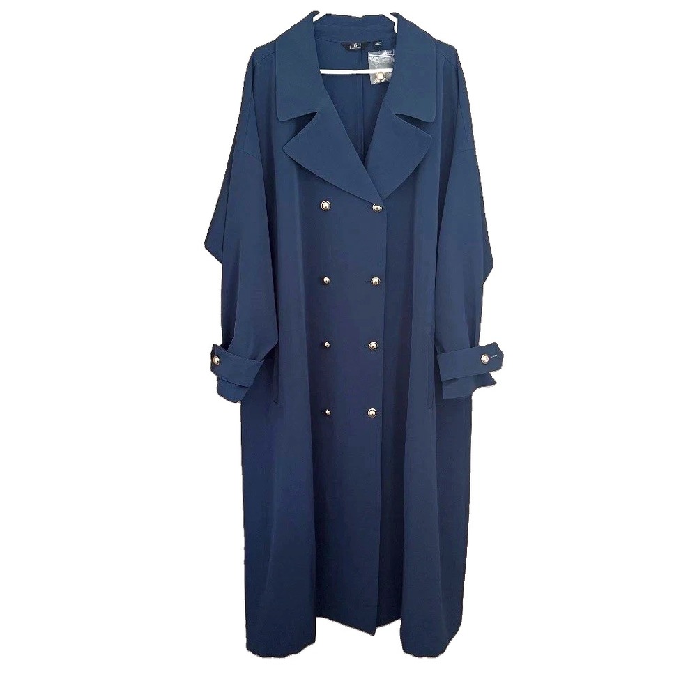G by Giuliana Blue Twill Trench Coat 3X Double Breasted Stretch Gold Button NWOT